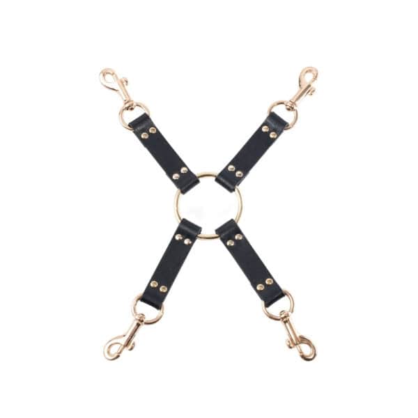 BDSM-Hogtie aus schwarzem Leder und hochwertigen Goldbeschlägen BDSM-Hogtie aus schwarzem Leder, bestehend aus vier Riemen, die durch einen goldenen Mittelring verbunden sind. Er ist mit Metallkarabinern zur Befestigung ausgestattet.