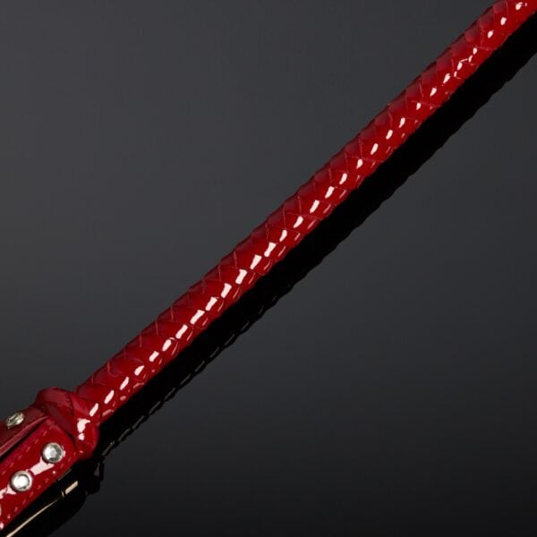 Cravache en vernis rouge HOUSE OF SXN avec manche rigide et extrémité plate, accessoire BDSM haut de gamme proposé par Brigade Mondaine Paris.