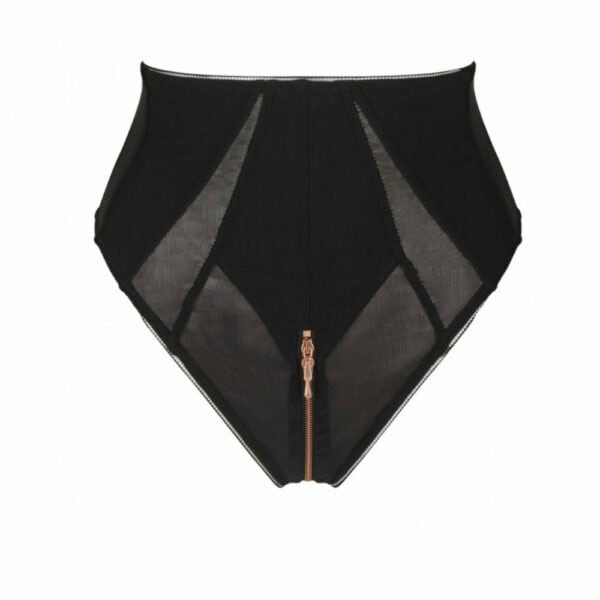 Miley CATANZARO High Waist String aus schwarzem Tüll mit strukturierten Paneelen und zentralem Reißverschluss. Ein hochwertiges Stück, das von Brigade Mondaine angeboten wird, mit weißem Hintergrund.
