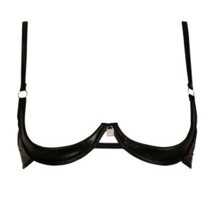 Soutien-gorge ouvert CATANZARO noir porté sur modèle, avec structure apparente et détails brillants, pièce haut de gamme proposée par Brigade Mondaine, sur fond blanc.