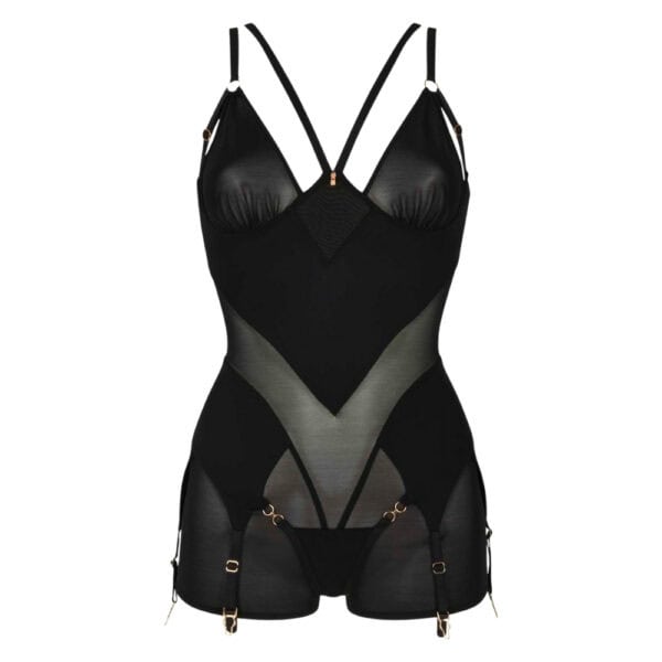 Combishort Billie CATANZARO Brigade Mondaine Paris Combishort Billie noir en résille CATANZARO présenté chez Brigade Mondaine Paris, coupe près du corps, jeux de transparence, bretelles fines et attaches ajustables.