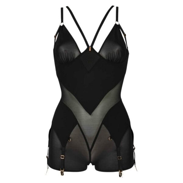 Combishort Billie CATANZARO Brigade Mondaine Paris Combishort Billie noir en résille CATANZARO présenté chez Brigade Mondaine Paris, coupe près du corps, jeux de transparence, bretelles fines et attaches ajustables.