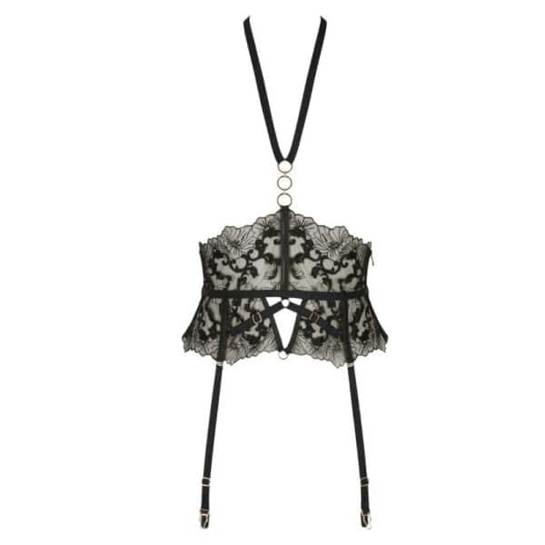 Set Fallon CATANZARO avec Porte-Jarretelles chez Brigade Mondaine Set Soutien-Gorge, String et Porte-Jarretelles Fallon CATANZARO en dentelle noire et lanières ajustables, porté avec bas, sélection Brigade Mondaine.