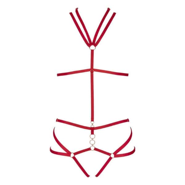 Harnais Nicole CATANZARO chez Brigade Mondaine Harnais Nicole CATANZARO rouge porté sur body noir en tulle, avec sangles ajustables et anneaux métalliques, accessoire haut de gamme proposé par Brigade Mondaine.