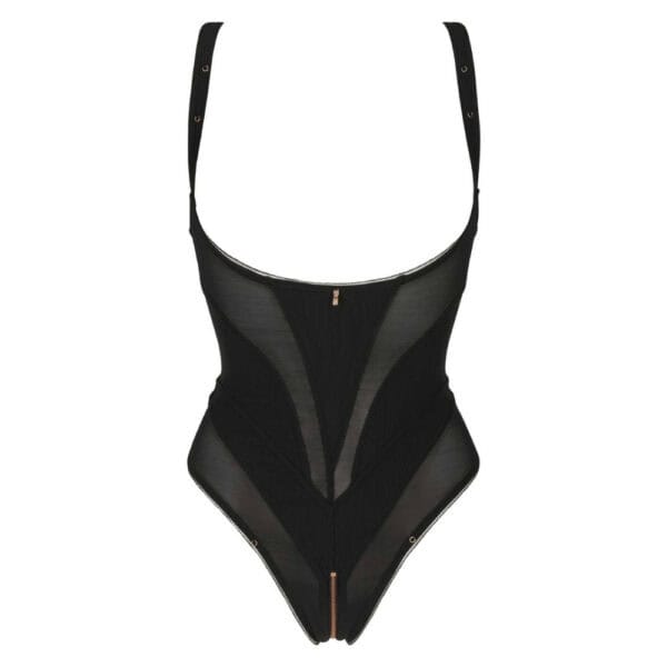 Body abierto negro Jenny CATANZARO, corte abierto con tirantes y red de rejilla, se lleva con medias de red, ofrecido por Brigade Mondaine.
