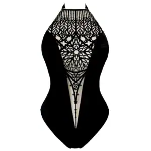 BLACK EMPTY Bareback Cathedral bodysuit presented by Brigade Mondaine Paris, black open-back bodysuit with stained-glass-style graphic embroidered inserts, contrasting opacity and transparency.