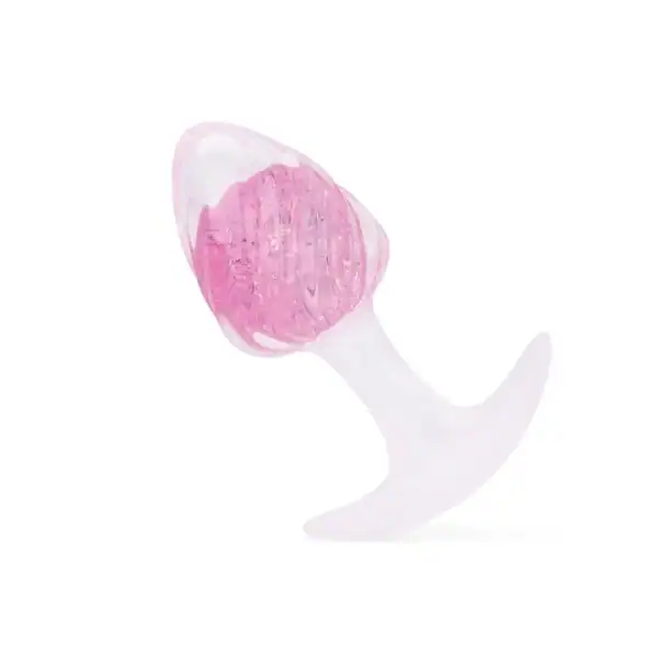 LIEBE SEELE pink silicone plug with spiral surface and transparent flared base, hand-held on white background, detailed product view