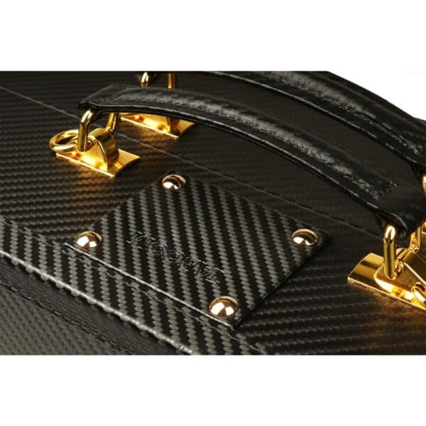 Caja BDSM abierta de cuero negro con interior rojo, que incluye un conjunto de accesorios variados como esposas, correas, fustas y cadenas, ordenados en una estética de lujo.