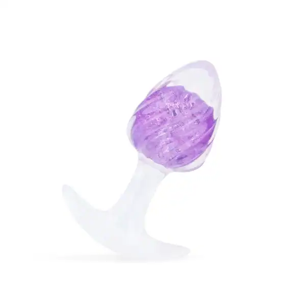 LIEBE SEELE tapón de silicona púrpura con superficie en espiral y base acampanada transparente, de mano sobre fondo blanco, vista detallada del producto