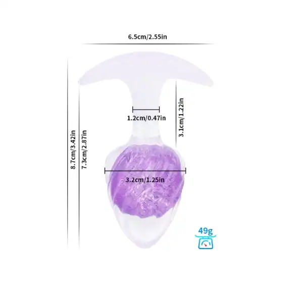 LIEBE SEELE tapón de silicona púrpura con superficie en espiral y base acampanada transparente, de mano sobre fondo blanco, vista detallada del producto