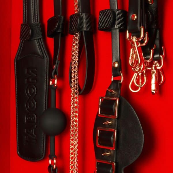 Caja BDSM abierta de cuero negro con interior rojo, que incluye un conjunto de accesorios variados como esposas, correas, fustas y cadenas, ordenados en una estética de lujo.