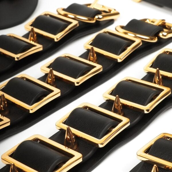 Caja BDSM abierta de cuero negro con interior rojo, que incluye un conjunto de accesorios variados como esposas, correas, fustas y cadenas, ordenados en una estética de lujo.