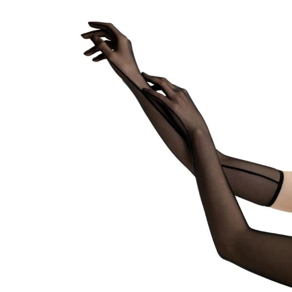 ANOESES long gloves in transparent black tulle worn over the arms, minimalist rendering on a white background.
