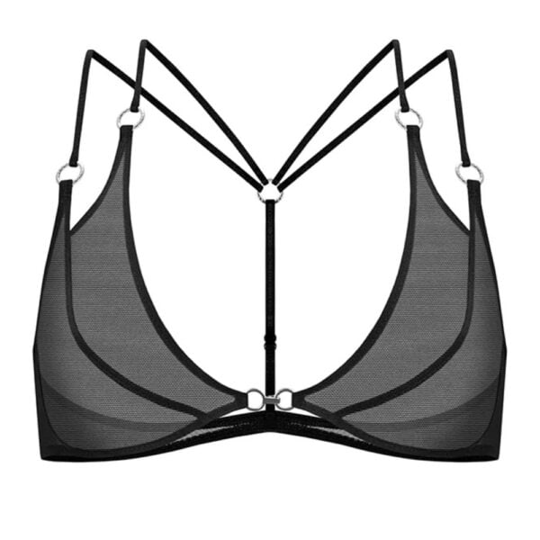 Schwarzer ANOESES Mesh-BH mit transparenten Körbchen, grafischen Linien und dünnen, mehrfachen Trägern, flach auf weißem Hintergrund präsentiert.