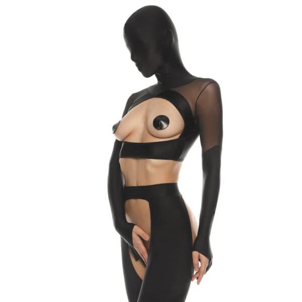 ANOESES black latex and mesh set with open bra, nipple covers, high-waisted cut-out stockings, long sleeves and matching balaclava, worn by a mannequin in profile against a white background.