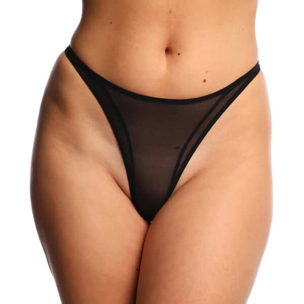 Schwarzer ANOESES Mesh-String mit tiefem Schnitt, aus transparentem Tüll, präsentiert getragen auf weißem Hintergrund.
