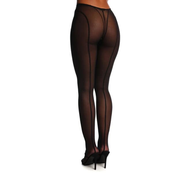 Ensemble ANOESES en mesh noir composé d’un soutien-gorge et d’un pantalon transparent à lignes verticales, porté par un mannequin sur fond blanc.