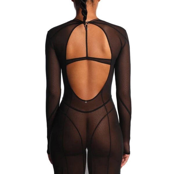 Langes Kleid ANOESES aus schwarzem Mesh mit langen Ärmeln, vertikalen grafischen Linien und hohem Halsausschnitt