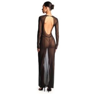 Langes Kleid ANOESES aus schwarzem Mesh mit langen Ärmeln, vertikalen grafischen Linien und hohem Halsausschnitt