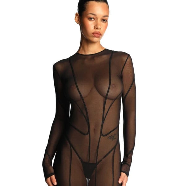 Langes Kleid ANOESES aus schwarzem Mesh mit langen Ärmeln, vertikalen grafischen Linien und hohem Halsausschnitt
