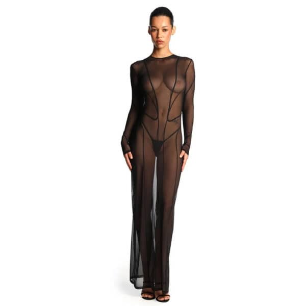 Langes Kleid ANOESES aus schwarzem Mesh mit langen Ärmeln, vertikalen grafischen Linien und hohem Halsausschnitt