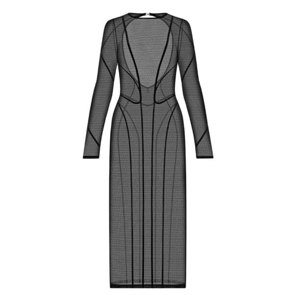 Langes ANOESES-Kleid aus schwarzem Mesh mit langen Ärmeln, vertikalen grafischen Linien und hohem Halsausschnitt, präsentiert auf weißem Hintergrund.