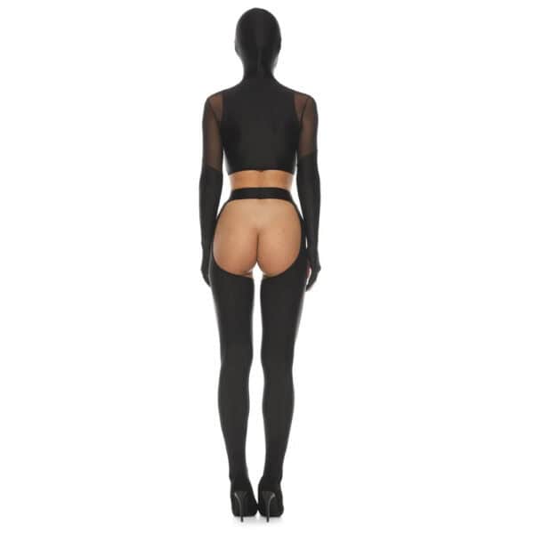 ANOESES black latex and mesh set with open bra, nipple covers, high-waisted cut-out stockings, long sleeves and matching balaclava, worn by a mannequin in profile against a white background.