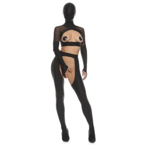 Schwarzer ANOESES-Latex- und Meshanzug mit offenem BH, Nippelkappen, ausgeschnittenen High-Waist-Strümpfen, langen Ärmeln und passender Kapuze, getragen von einem Model im Profil auf weißem Hintergrund.