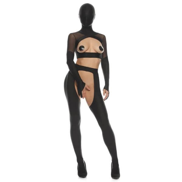 ANOESES black latex and mesh set with open bra, nipple covers, high-waisted cut-out stockings, long sleeves and matching balaclava, worn by a mannequin in profile against a white background.