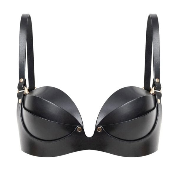 Soutien-gorge ANOESIS en cuir noir avec armatures, sangles réglables et finitions métalliques dorées, porté avec un string assorti sur fond blanc.