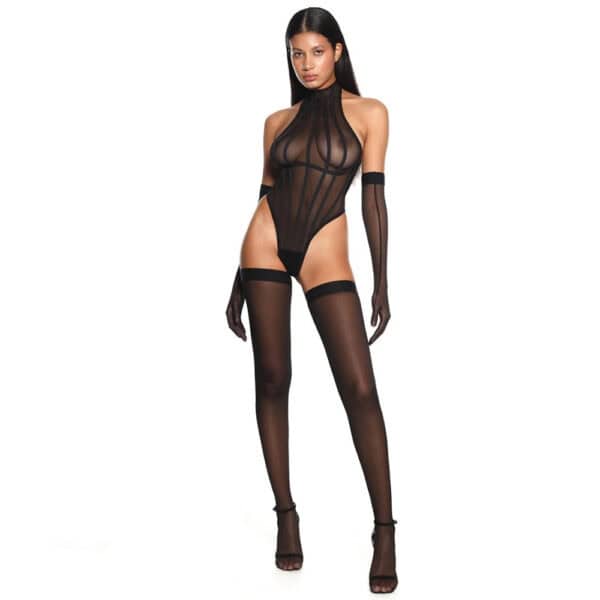 Body ANOESES en mesh noir avec lignes graphiques structurées et col montant