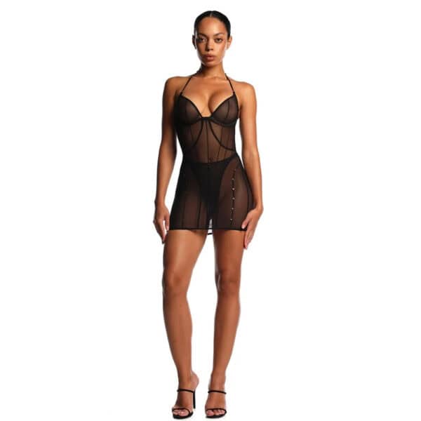 Body long ANOESES en mesh noir avec lignes structurantes et coupe ajustée, porté par un mannequin sur fond sombre.