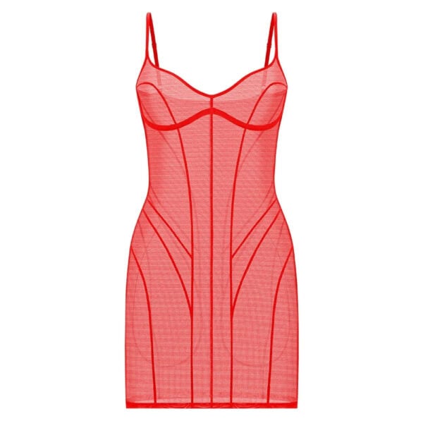 Robe courte ANOESES en mesh rouge avec fines bretelles, découpes structurantes et bonnets intégrés, présentée sur fond blanc.