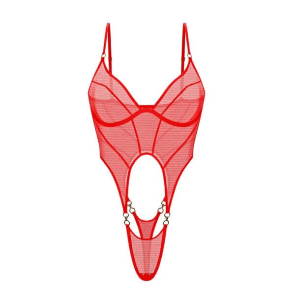 ANOESES Body aus rotem Mesh mit zentralen Aussparungen und Metalldetails, getragen von einem Model vor einem weißen Hintergrund.