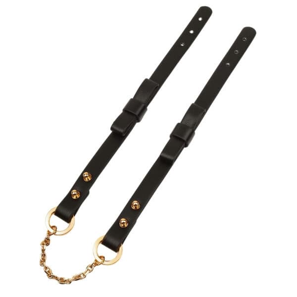 Set BDSM en cuir noir composé de liens ajustables avec anneaux dorés, d’un bandeau en tissu satiné et d’une plume noire montée sur manche doré, présenté sur fond blanc dans une esthétique épurée.