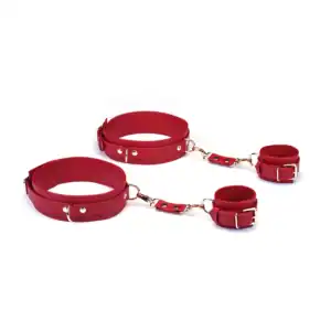 Kit menottes Crimson Desire de la marque Liebe Seele, composé de deux menottes en cuir rouge avec boucles réglables et anneaux métalliques, présenté sur fond clair dans l’univers Brigade Mondaine Paris.