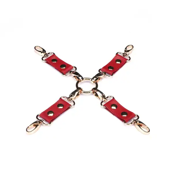 Hogtie Crimson Desire by Liebe Seele, with red leather straps linked by a central ring and gold snap hooks, presented on a light background in the Brigade Mondaine Paris universe.