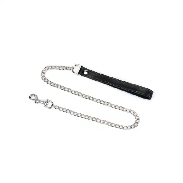 Collier laisse Denim LIEBE SEELE en cuir noir et bleu avec chaîne métallique et poignée assortie, présenté à plat sur fond blanc, vue produit détaillée