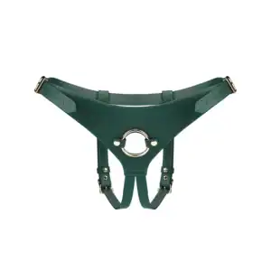 Strap-On en cuir Mossy Chic LIEBE SEELE avec harnais ajustable, boucles métalliques et finitions soignées, présenté à plat sur fond blanc en vue produit détaillée