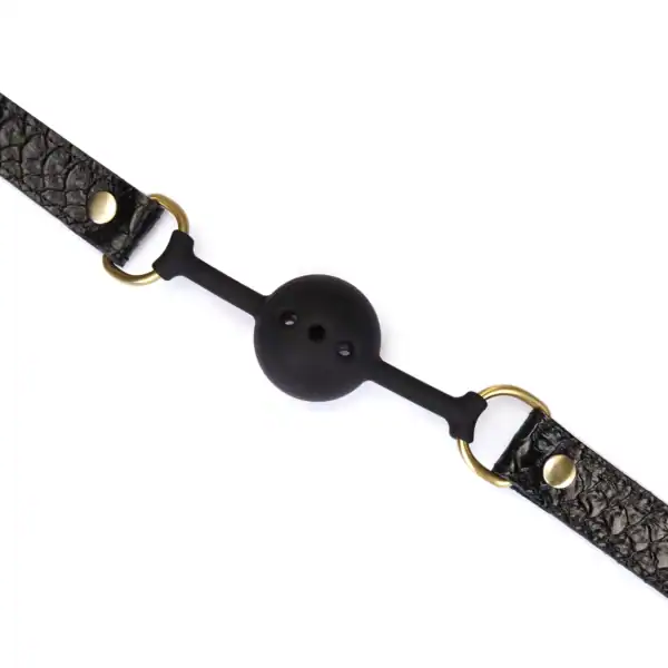LIEBE SEELE black croc-embossed leather ball gag with black silicone ball and gold buckle, presented on a white background.