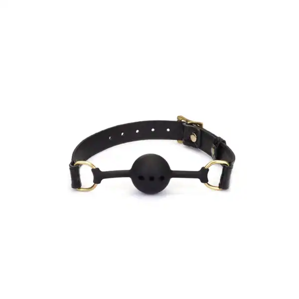 LIEBE SEELE black croc-embossed leather ball gag with black silicone ball and gold buckle, presented on a white background.