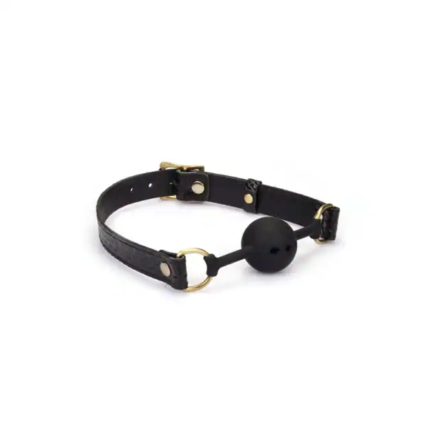 LIEBE SEELE black croc-embossed leather ball gag with black silicone ball and gold buckle, presented on a white background.