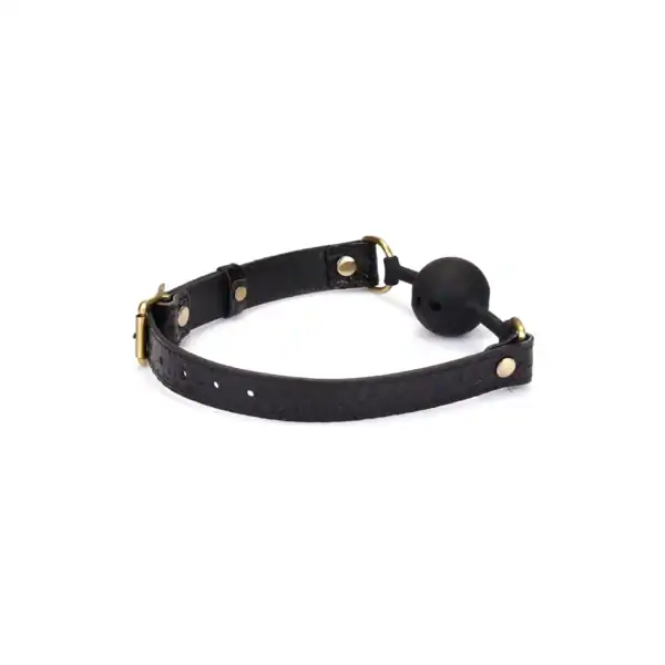 LIEBE SEELE black croc-embossed leather ball gag with black silicone ball and gold buckle, presented on a white background.