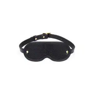 Bandeau pour les yeux en cuir embossé croco noir LIEBE SEELE avec sangle réglable et boucle dorée, présenté sur fond blanc