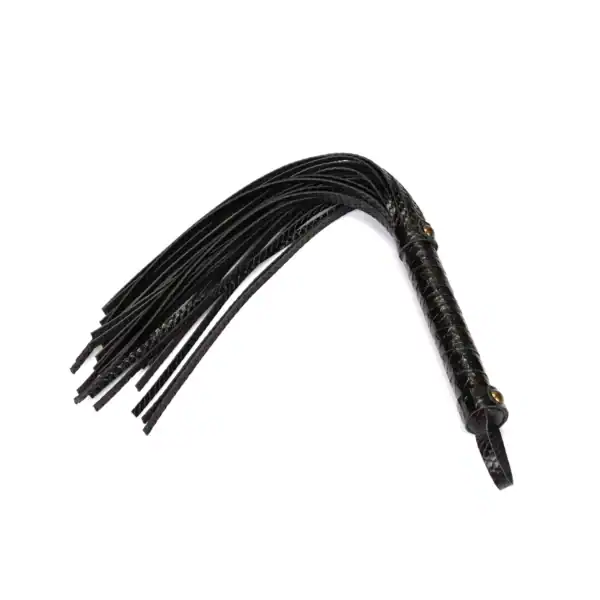 LIEBE SEELE black crocodile-embossed leather whip with sheathed handle, shown on white background