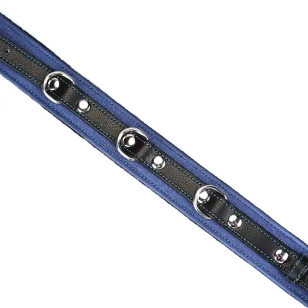 Collier laisse Denim LIEBE SEELE en cuir noir et bleu avec chaîne métallique et poignée assortie, présenté à plat sur fond blanc, vue produit détaillée