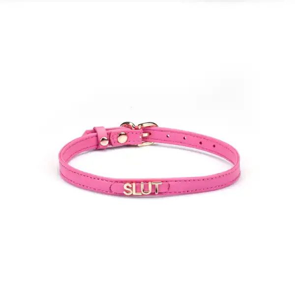 Rosa Lederhalsband der Marke Liebe Seele, verziert mit einer metallenen „Slut“-Inschrift und goldenen Details, präsentiert vor hellem Hintergrund im Brigade Mondaine Paris-Universum.