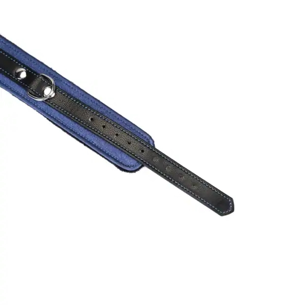 Collier laisse Denim LIEBE SEELE en cuir noir et bleu avec chaîne métallique et poignée assortie, présenté à plat sur fond blanc, vue produit détaillée
