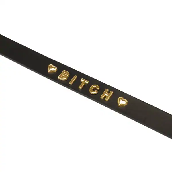 Collar LIEBE SEELE de cuero negro con Bitch en letras doradas y botones de presión ajustables, presentado sobre fondo blanco