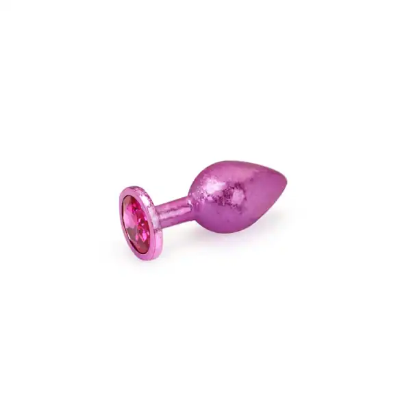 Analplug aus LIEBE SEELE-Aluminium, rosafarben, mit ausladender Basis mit Stein, weißer Hintergrund